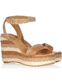 Raffia Wedge Sandals - secondary colour: ivory; predominant colour: camel; occasions: casual, holiday; material: macrame/raffia/straw; heel height: high; ankle detail: ankle strap; heel: wedge; toe: open toe/peeptoe; style: standard; finish: plain; pattern: striped