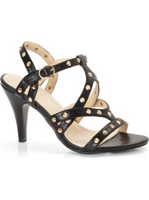 Black Studded Sandal - secondary colour: gold; predominant colour: black; occasions: evening, occasion, holiday; material: faux leather; heel height: high; embellishment: studs; ankle detail: ankle strap; heel: stiletto; toe: open toe/peeptoe; style: strappy; finish: plain; pattern: plain