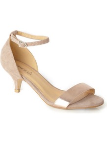 Metallic Two Part Kitten Heel Sandal - predominant colour: nude; occasions: evening, occasion, holiday; material: faux leather; heel height: mid; ankle detail: ankle strap; heel: kitten; toe: open toe/peeptoe; style: standard; trends: metallics; finish: metallic; pattern: plain