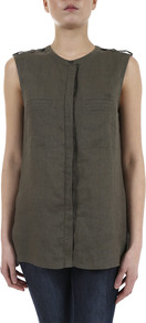 Linen Military Sleeveless Shirt - pattern: plain; sleeve style: sleeveless; length: below the bottom; style: shirt; bust detail: buttons at bust (in middle at breastbone)/zip detail at bust; predominant colour: khaki; occasions: casual, work; fibres: linen - 100%; fit: straight cut; neckline: crew; shoulder detail: discreet epaulette; sleeve length: sleeveless; texture group: linen; pattern type: fabric