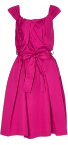Liberty Tie Waist Cotton Dress Vivienne Westwood Angloman - sleeve style: capped; fit: fitted at waist; pattern: plain; style: full skirt; waist detail: belted waist/tie at waist/drawstring; bust detail: ruching/gathering/draping/layers/pintuck pleats at bust; predominant colour: hot pink; occasions: evening, occasion; length: just above the knee; fibres: cotton - 100%; hip detail: structured pleats at hip; sleeve length: sleeveless; texture group: silky - light; neckline: low square neck; pattern type: fabric