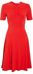 Draped Jersey Fitted Dress - pattern: plain; neckline: high neck; waist detail: fitted waist; bust detail: ruching/gathering/draping/layers/pintuck pleats at bust; predominant colour: true red; occasions: casual, evening, work, occasion; length: just above the knee; fit: fitted at waist & bust; style: fit & flare; fibres: cotton - stretch; hip detail: structured pleats at hip; sleeve length: short sleeve; sleeve style: standard; pattern type: fabric; texture group: jersey - stretchy/drapey
