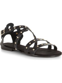 Black Studded Cross Over Leather Sandals - predominant colour: black; occasions: casual, holiday; material: leather; heel height: flat; embellishment: studs; ankle detail: ankle strap; heel: standard; toe: open toe/peeptoe; style: strappy; finish: plain; pattern: plain