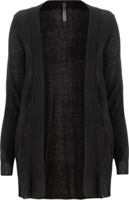 Black Longline Cardigan - pattern: plain; length: below the bottom; neckline: collarless open; predominant colour: black; occasions: casual, work; style: standard; fibres: acrylic - 100%; fit: standard fit; sleeve length: long sleeve; sleeve style: standard; texture group: knits/crochet; pattern type: knitted - fine stitch