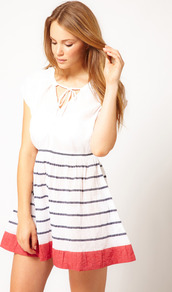 Sun Stripe Knee Length Dress - length: mini; neckline: round neck; sleeve style: capped; fit: fitted at waist; pattern: horizontal stripes; style: sundress; waist detail: elasticated waist; back detail: low cut/open back; predominant colour: ivory; secondary colour: navy; occasions: casual, holiday; fibres: cotton - 100%; hip detail: soft pleats at hip/draping at hip/flared at hip; sleeve length: sleeveless; texture group: cotton feel fabrics; pattern type: fabric; pattern size: standard
