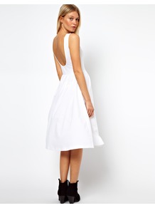 Midi Sundress With Scoop Back - length: below the knee; neckline: slash/boat neckline; pattern: plain; sleeve style: sleeveless; waist detail: fitted waist; back detail: cowl/draping/scoop at back; predominant colour: white; occasions: casual, evening, holiday; fit: fitted at waist & bust; style: fit & flare; fibres: cotton - stretch; hip detail: soft pleats at hip/draping at hip/flared at hip; sleeve length: sleeveless; pattern type: fabric; texture group: jersey - stretchy/drapey