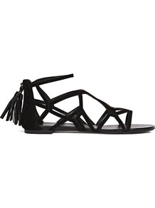 Ida Geometric Flat Sandals - predominant colour: black; occasions: casual, holiday; material: leather; heel height: flat; embellishment: tassels; ankle detail: ankle strap; heel: standard; toe: open toe/peeptoe; style: strappy; finish: plain; pattern: plain