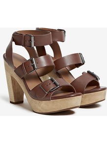 Blythe Buckle Strap Wood Platform Sandal - predominant colour: chocolate brown; occasions: casual, holiday; material: leather; heel height: high; embellishment: buckles; ankle detail: ankle strap; heel: platform; toe: open toe/peeptoe; style: strappy; finish: plain; pattern: plain