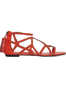 Ida Geometric Flat Sandals - predominant colour: true red; occasions: casual, holiday; material: leather; heel height: flat; embellishment: tassels; ankle detail: ankle strap; heel: standard; toe: open toe/peeptoe; style: strappy; finish: plain; pattern: plain