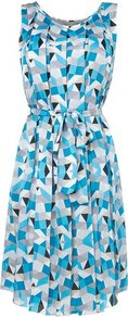 Kaysa Silk Satin Dress Blue - style: tea dress; neckline: round neck; fit: fitted at waist; sleeve style: sleeveless; waist detail: belted waist/tie at waist/drawstring; predominant colour: turquoise; secondary colour: light grey; occasions: casual, occasion, holiday; length: just above the knee; fibres: silk - 100%; sleeve length: sleeveless; texture group: structured shiny - satin/tafetta/silk etc.; trends: modern geometrics; pattern type: fabric; pattern size: standard; pattern: patterned/print