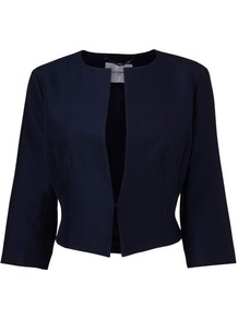 Vanda Cropped Jacket Blue Navy - pattern: plain; style: cropped; collar: round collar/collarless; length: cropped; predominant colour: navy; fit: tailored/fitted; fibres: cotton - mix; occasions: occasion; sleeve length: 3/4 length; sleeve style: standard; collar break: high/illusion of break when open; pattern type: fabric; texture group: woven light midweight