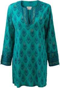 Beach Brights Kaftan, Green - length: mid thigh; style: kaftan; predominant colour: teal; occasions: casual, holiday; fit: straight cut; neckline: collarstand & mandarin with v-neck; fibres: cotton - 100%; sleeve length: long sleeve; sleeve style: standard; pattern type: fabric; pattern size: big & busy; pattern: patterned/print; texture group: other - light to midweight