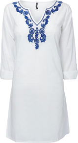 White And Blue Embroidered Cover Up - neckline: v-neck; style: kaftan; predominant colour: white; secondary colour: royal blue; fibres: cotton - 100%; fit: loose; length: mid thigh; bust detail: contrast pattern/fabric/detail at bust; sleeve length: 3/4 length; sleeve style: standard; texture group: cotton feel fabrics; occasions: holiday; pattern type: fabric; pattern size: light/subtle; pattern: patterned/print; embellishment: embroidered; trends: m&s china blue