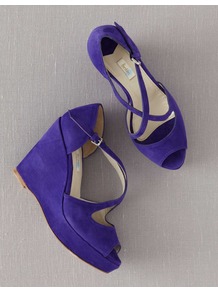 Crossover Wedges - predominant colour: purple; occasions: casual, evening, holiday; material: suede; heel height: high; heel: wedge; toe: open toe/peeptoe; style: standard; finish: plain; pattern: plain