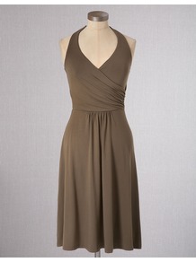 St Lucia Dress - style: shift; fit: fitted at waist; pattern: plain; sleeve style: sleeveless; neckline: halter neck; waist detail: twist front waist detail/nipped in at waist on one side/soft pleats/draping/ruching/gathering waist detail; predominant colour: khaki; occasions: casual, holiday; length: on the knee; fibres: viscose/rayon - stretch; sleeve length: sleeveless; pattern type: fabric; texture group: jersey - stretchy/drapey