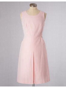 Alfresco Dress - style: shift; neckline: round neck; pattern: vertical stripes; sleeve style: sleeveless; secondary colour: white; predominant colour: pink; occasions: casual, holiday; length: just above the knee; fit: soft a-line; fibres: cotton - 100%; back detail: keyhole/peephole detail at back; sleeve length: sleeveless; texture group: cotton feel fabrics; pattern type: fabric; pattern size: light/subtle