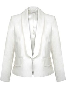 Linen Jacket - pattern: plain; style: single breasted tuxedo; collar: shawl/waterfall; predominant colour: white; occasions: evening, occasion; length: standard; fit: tailored/fitted; fibres: linen - mix; sleeve length: long sleeve; sleeve style: standard; texture group: linen; collar break: low/open; pattern type: fabric