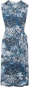 Gigi Wrap Dress Print Blue Snake - style: faux wrap/wrap; neckline: v-neck; fit: tailored/fitted; sleeve style: sleeveless; waist detail: belted waist/tie at waist/drawstring; secondary colour: pale blue; occasions: casual, work, occasion; length: just above the knee; fibres: viscose/rayon - stretch; predominant colour: multicoloured; sleeve length: sleeveless; trends: statement prints; pattern type: fabric; pattern size: big & busy; pattern: patterned/print; texture group: jersey - stretchy/drapey