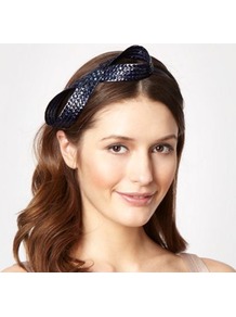 Navy Figure Of Eight Headband - predominant colour: navy; occasions: evening, occasion, holiday; type of pattern: small; style: cocktail; size: small; material: fabric; embellishment: bow; pattern: plain
