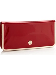 Designer Red Metal Edge Envelope Clutch Bag - predominant colour: burgundy; occasions: evening, occasion; type of pattern: standard; style: clutch; length: hand carry; size: standard; material: faux leather; pattern: plain; finish: patent; embellishment: chain/metal