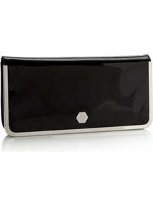 Designer Black Metal Edge Envelope Clutch Bag - secondary colour: silver; predominant colour: black; occasions: evening, occasion; type of pattern: standard; style: clutch; length: hand carry; size: standard; material: faux leather; pattern: plain; finish: patent; embellishment: chain/metal