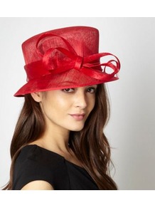 Red Spiralled Bow Hat - predominant colour: true red; occasions: evening, occasion; type of pattern: standard; style: brimmed; size: large; material: macrame/raffia/straw; embellishment: bow; pattern: plain