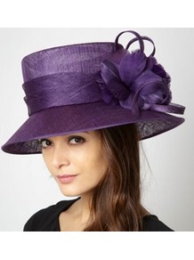 Dark Purple Looped Feather Corsage Hat - predominant colour: purple; secondary colour: purple; occasions: evening, occasion; type of pattern: standard; style: wide brimmed; size: large; material: macrame/raffia/straw; pattern: plain; embellishment: corsage