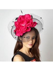 Designer Pink And Black Oversize Rose Fascinator - predominant colour: hot pink; secondary colour: black; occasions: evening, occasion; type of pattern: large; style: fascinator; size: large; material: macrame/raffia/straw; trends: fluorescent; pattern: colourblock; embellishment: corsage