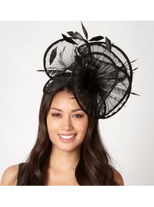 Designer Black Pleated Ruffle Fascinator - predominant colour: black; occasions: evening, occasion; type of pattern: standard; style: fascinator; size: large; material: macrame/raffia/straw; embellishment: feather; pattern: plain; trends: sculptural frills