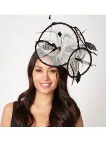 Designer White Pleated Ruffle Fascinator - predominant colour: white; secondary colour: black; occasions: evening, occasion; type of pattern: small; style: fascinator; size: large; material: macrame/raffia/straw; embellishment: feather; pattern: colourblock