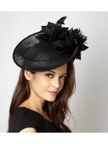 Designer Black Floral Disc Fascinator - predominant colour: black; occasions: evening, occasion; type of pattern: standard; style: fascinator; size: standard; material: macrame/raffia/straw; embellishment: feather; pattern: plain
