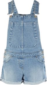 Women's Shorts Dungaree, Denim Mid Wash - sleeve style: wide vest straps; pattern: plain; length: mid thigh shorts; predominant colour: denim; occasions: casual; fit: straight cut; fibres: cotton - mix; jeans & bottoms detail: turn ups; texture group: denim; style: dungarees; neckline: medium square neck; bust detail: dungaree top; pattern type: fabric