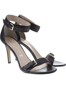 Double Buckle Leather Sandals - predominant colour: black; occasions: casual, evening, occasion; material: leather; heel height: high; embellishment: buckles; ankle detail: ankle strap; heel: stiletto; toe: open toe/peeptoe; style: strappy; finish: plain; pattern: plain