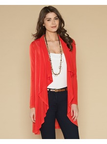 Iris Coverup - pattern: plain; neckline: waterfall neck; length: below the bottom; style: open front; predominant colour: true red; occasions: casual, work; fibres: viscose/rayon - 100%; fit: loose; sleeve length: long sleeve; sleeve style: standard; pattern type: fabric; texture group: jersey - stretchy/drapey
