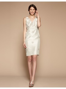 Oscar Dress - style: faux wrap/wrap; neckline: v-neck; fit: fitted at waist; pattern: plain; sleeve style: sleeveless; waist detail: fitted waist; predominant colour: silver; length: just above the knee; fibres: polyester/polyamide - 100%; occasions: occasion; sleeve length: sleeveless; texture group: structured shiny - satin/tafetta/silk etc.; pattern type: fabric; embellishment: crystals