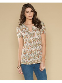Clementine Print Top - neckline: v-neck; secondary colour: bright orange; occasions: casual, holiday; length: standard; style: top; fibres: cotton - 100%; fit: straight cut; predominant colour: multicoloured; sleeve length: short sleeve; sleeve style: standard; texture group: cotton feel fabrics; pattern type: fabric; pattern size: small & busy; pattern: florals