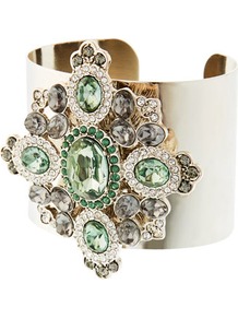 Limited Edition Green Floral Detail Cuff - secondary colour: pistachio; predominant colour: gold; occasions: evening, occasion; style: cuff; size: large/oversized; material: chain/metal; finish: metallic; embellishment: jewels