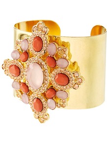 Limited Edition Coral Flower Detail Cuff - secondary colour: coral; predominant colour: gold; occasions: evening, occasion; style: cuff; size: large/oversized; material: chain/metal; finish: metallic; embellishment: jewels