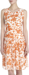 Abigail Floral Print Dress - style: shift; fit: fitted at waist; sleeve style: sleeveless; waist detail: drop waist; bust detail: ruching/gathering/draping/layers/pintuck pleats at bust; predominant colour: white; secondary colour: bright orange; occasions: evening, work, occasion, holiday; length: just above the knee; fibres: silk - mix; neckline: crew; hip detail: sculpting darts/pleats/seams at hip; sleeve length: sleeveless; texture group: silky - light; trends: volume; pattern type: fabric; pattern size: standard; pattern: florals