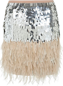 Feather Sequin Skirt - style: straight; fit: body skimming; waist: high rise; secondary colour: blush; predominant colour: silver; occasions: evening, occasion; length: just above the knee; fibres: polyester/polyamide - 100%; hip detail: contrast fabric/print detail at hip; waist detail: narrow waistband; texture group: sheer fabrics/chiffon/organza etc.; trends: metallics; pattern type: fabric; pattern size: standard; pattern: colourblock; embellishment: feathers