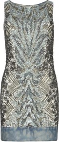 Viper Dress - style: shift; length: mid thigh; neckline: round neck; pattern: plain; sleeve style: sleeveless; predominant colour: silver; secondary colour: gold; occasions: evening, occasion; fit: body skimming; fibres: polyester/polyamide - 100%; back detail: sheer fabric at back; sleeve length: sleeveless; texture group: sheer fabrics/chiffon/organza etc.; trends: metallics; pattern type: fabric; pattern size: big & busy; embellishment: beading