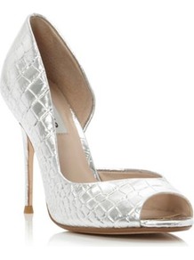 Silver Leather Deluxe Metallic Croc Dorsay Peep Toe Court Shoe - predominant colour: silver; occasions: evening, occasion; material: leather; heel: stiletto; toe: open toe/peeptoe; style: courts; trends: metallics; finish: metallic; pattern: animal print; heel height: very high