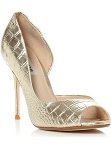 Gold Leather Deluxe Metallic Croc Dorsay Peep Toe Court Shoe - predominant colour: gold; occasions: evening, occasion; material: leather; heel: stiletto; toe: open toe/peeptoe; style: courts; trends: metallics; finish: metallic; pattern: animal print; heel height: very high