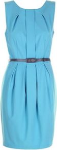 Light Blue Carmen Dress - style: shift; neckline: round neck; fit: tailored/fitted; pattern: plain; sleeve style: sleeveless; waist detail: belted waist/tie at waist/drawstring; bust detail: ruching/gathering/draping/layers/pintuck pleats at bust; predominant colour: turquoise; occasions: evening, work, occasion, holiday; length: just above the knee; fibres: polyester/polyamide - stretch; hip detail: structured pleats at hip; sleeve length: sleeveless; trends: glamorous day shifts; pattern type: fabric; texture group: other - light to midweight