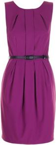 Purple Carmen Dress - style: shift; neckline: round neck; fit: tailored/fitted; pattern: plain; sleeve style: sleeveless; waist detail: belted waist/tie at waist/drawstring; bust detail: ruching/gathering/draping/layers/pintuck pleats at bust; predominant colour: purple; occasions: evening, work, occasion; length: just above the knee; fibres: polyester/polyamide - stretch; hip detail: structured pleats at hip; sleeve length: sleeveless; trends: glamorous day shifts; pattern type: fabric; texture group: other - light to midweight