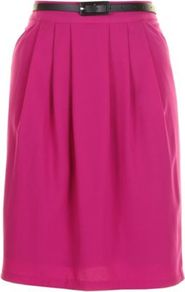 Purple Carmen Skirt - length: below the knee; pattern: plain; fit: body skimming; style: pleated; waist detail: belted waist/tie at waist/drawstring; waist: mid/regular rise; predominant colour: hot pink; secondary colour: black; occasions: casual, evening, work, occasion; fibres: polyester/polyamide - mix; hip detail: structured pleats at hip; trends: fluorescent; pattern type: fabric; texture group: jersey - stretchy/drapey