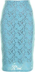 Light Blue Claudia Skirt - length: below the knee; style: pencil; fit: tailored/fitted; waist detail: fitted waist; hip detail: fitted at hip; waist: mid/regular rise; predominant colour: turquoise; occasions: evening, occasion; texture group: lace; pattern type: fabric; pattern size: standard; pattern: florals; fibres: nylon - stretch; embellishment: lace