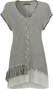 Khaki Ruffle Tunic, Green - neckline: v-neck; pattern: plain; length: below the bottom; style: tunic; predominant colour: light grey; occasions: casual, holiday; fibres: acrylic - mix; fit: body skimming; sleeve length: short sleeve; sleeve style: standard; texture group: knits/crochet; pattern type: knitted - fine stitch