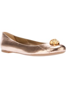 Skull Detail Ballerina Pump - predominant colour: gold; occasions: casual, holiday; material: leather; heel height: flat; toe: round toe; style: ballerinas / pumps; trends: metallics; finish: metallic; pattern: plain; embellishment: chain/metal
