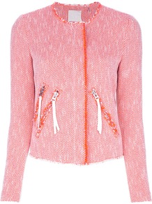 Cropped Tweed Jacket - style: single breasted blazer; collar: round collar/collarless; pattern: herringbone/tweed; predominant colour: pink; occasions: casual, evening, work; length: standard; fit: tailored/fitted; fibres: cotton - mix; sleeve length: long sleeve; sleeve style: standard; collar break: high; pattern type: fabric; pattern size: standard; texture group: tweed - light/midweight